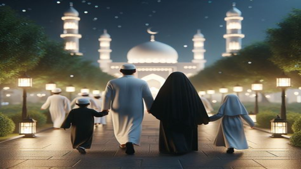 keluarga Muslim yang harmonis dalam suasana positif.